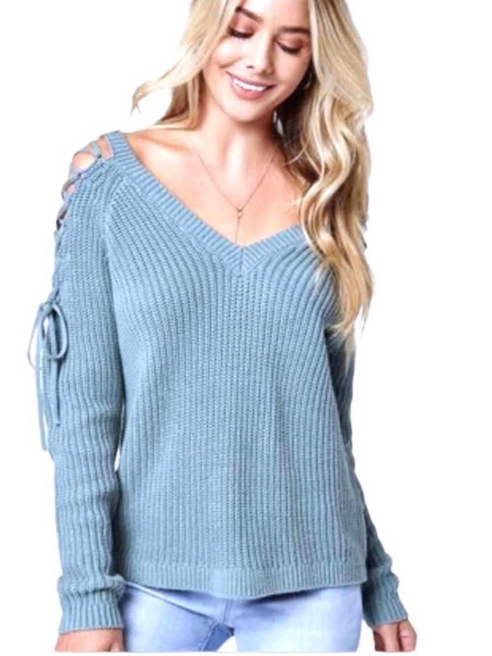 PacSun LA Hearts Lace Up Sleeve Thick Chunky Strappy Sweater Blue XS Winter Cozy